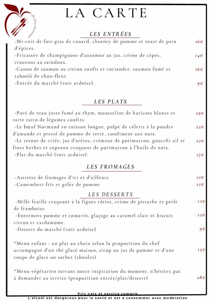 Carte restaurant Pois Gourmand septembre 2025